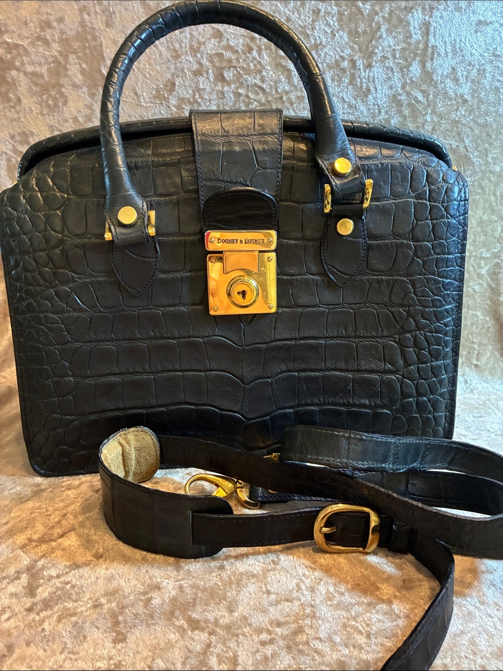 Dooney & Bourke Black Croc-Embossed Leather Satchel with Gold Hardware